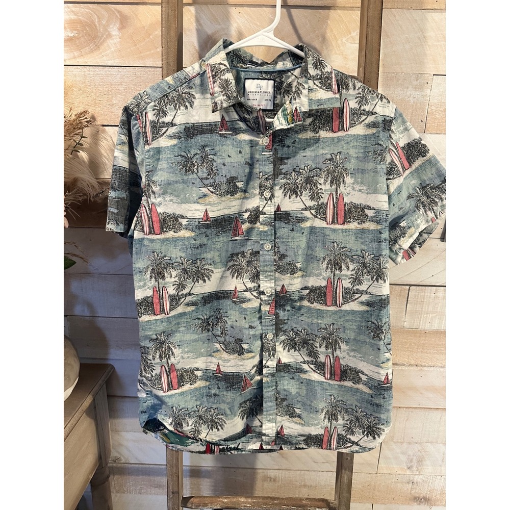 Denim & Flower Ricky Singh Mens Slim Fit Tropical Surfboard Island Shirt Medium
